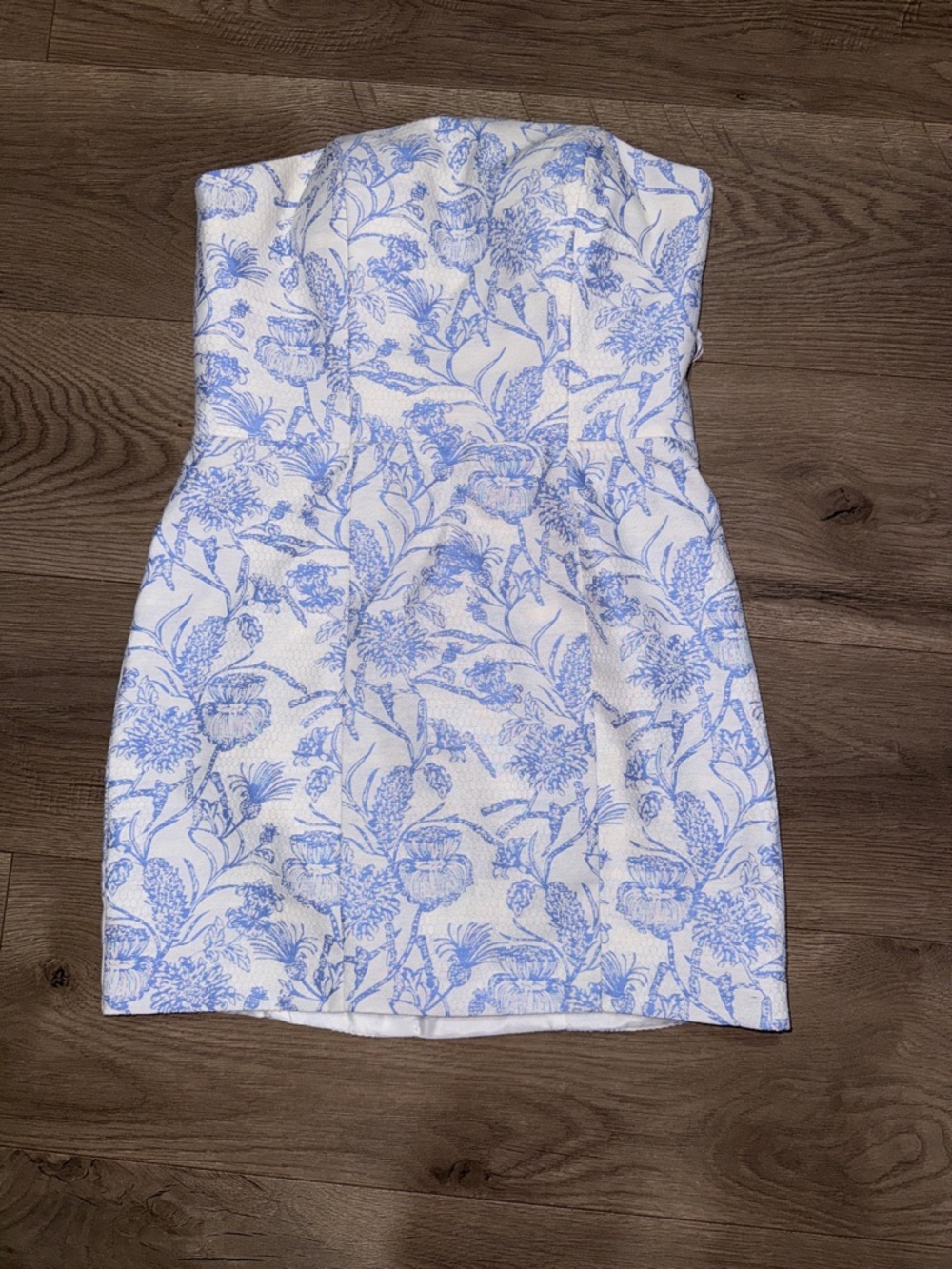 Strapless White Dress with Light Blue Floral Print
